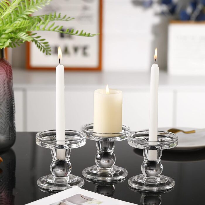 Glass Candle Holders for Pillar Candles/Taper Candles, Decorative Candle Stands, Set of 3, for Formal Events, Wedding, Church, Holiday Decorations, Table Decorations