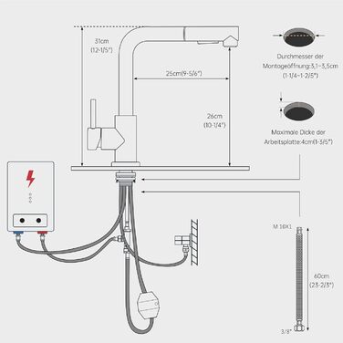 Змішувач кухонний DAYONE з висувною лійкою, нержавіюча сталь, 3 режими, поворотний на 360°, для кухонної мийки (15 см), матовий чорний