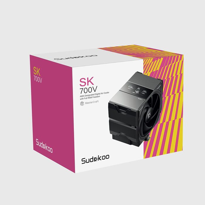 Система охолодження CPU Sudokoo SK700V AM5: Кулер для ПК з дисплеєм, 120мм вентилятор, 7 heatpipes, сумісний з AM5, безперешкодний доступ до RAM, 5 років гарантії, чорний