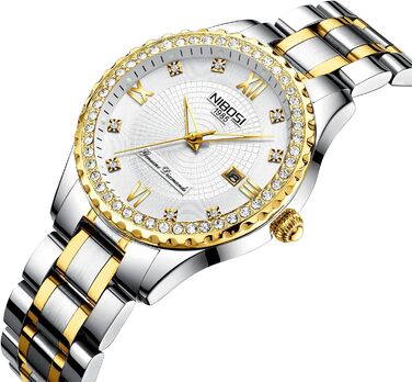 Жіночий годинник NIBOSI на руку з кварцовим механізмом, рожеве золото, діамантове циферблат, водонепроникний, стильний аксесуар для дівчат (2357 Білий)