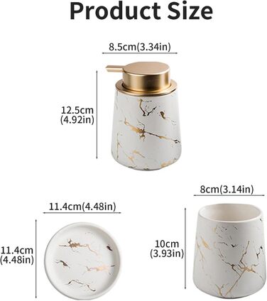 Набір аксесуарів для ванної кімнати Marmor: 3 предмети з кераміки (мильниця, дозатор мила, стакан, тримач для зубних щіток) - Матовий білий, Золотий