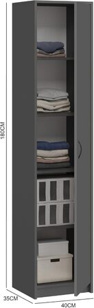 Bookshelf Wardrobe Shelf White 40cm wide 180cm high Cabinet Organizer Multi-purpose Cabinet with 4 adjustable shelves Filing cabinet Shelf Wall narrow Wood for bedroom hallway basement office (Anthracite)