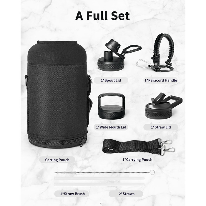 Trebo Thermos Flask with Straw 2L, Stainless Steel Water Bottle with Paracord Handle & 3 Lids, Stainless Steel Wide Mouth Drinking Bottle Large Sports Bottle Keeps Drinks Cold for 48 Hours, Black