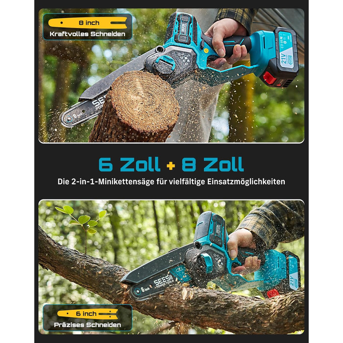 SEESII Безщіткова міні-пилка 6 дюймів, ручна акумуляторна пилка з 2 * 4000 mAh акумуляторами, одноручна акумуляторна пилка з автоматичним змащенням, сумісна з акумулятором Makita 18V, електрична пилка для дерева, гілок 6 дюймів безщіткова (6+8 дюймів безщ