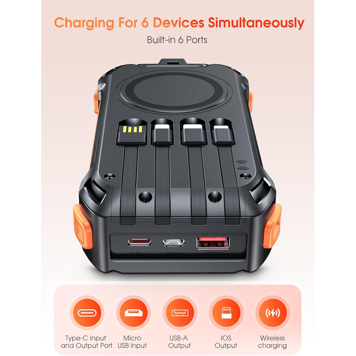 Портативний акумулятор 26800mAh з 4 кабелями: 30W USB-C, швидка зарядка, 7 виходів, SOS ліхтарик, для телефонів та планшетів (Чорний)