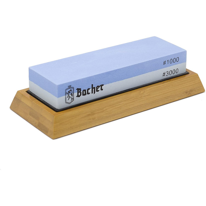 Преміум точильний камінь Bacher. Двобічний, зернистість 400/1000. Точило для ножів з антиковзним бамбуковим блоком, камінь для заточування, допоміжний інструмент для заточування та детальна інструкція у форматі eBook.