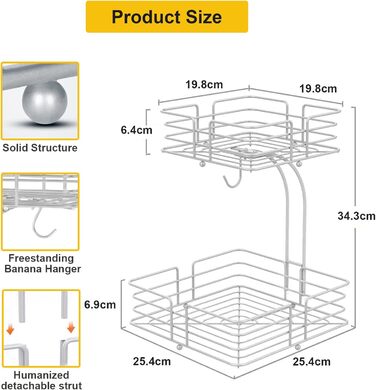 Металева фруктова корзина Bomclap на 2 яруси з підставкою для бананів - кухонна фруктова миска, знімна, декоративна, срібна