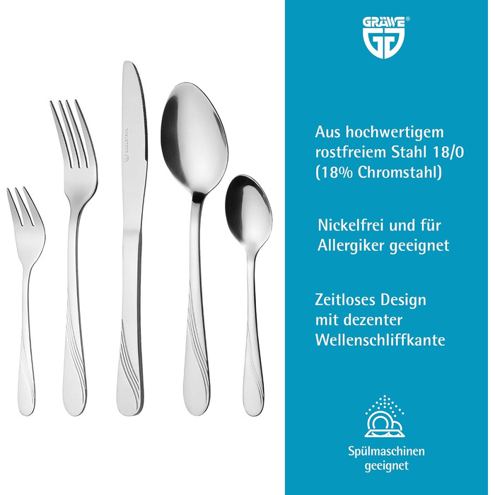 GRÄWE Cutlery Set for 12 People, 60-Piece - Stainless Steel Table Cutlery, Rust-Proof, Nickel-Free - STRALSUND Series