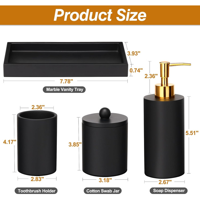 Haturi Bathroom Accessories Set, 4-Piece, Glass Bathroom Accessories Set, Complete with Lotion Soap Dispenser, Toothbrush Holder, Apothecary Jar, Vanity Tray, Bathroom Decor, Gift for (Black)