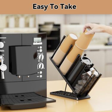 Ovicar Cup and Lid Holder – Adjustable Coffee Cup Holder, Organizer, 4 Compartments, Disposable Cup Dispenser with Coffee Capsule Straws, Storage Basket for Coffee Station, Bar, Countertop