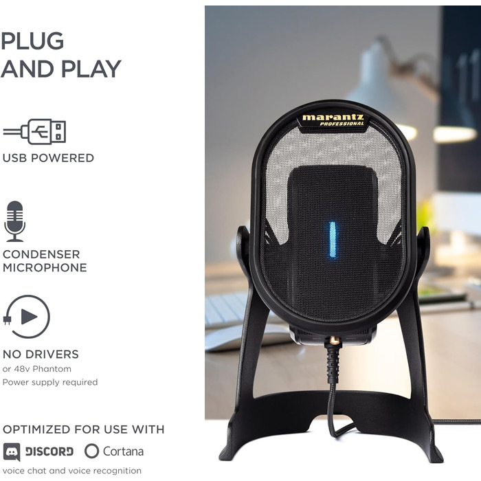 Мікрофон конденсаторний Marantz Professional MPM-1000U з великою мембраною, USB, з нирковою характеристикою для подкастів, студії, геймінгу, з кабелем USB та кліпсою для мікрофона