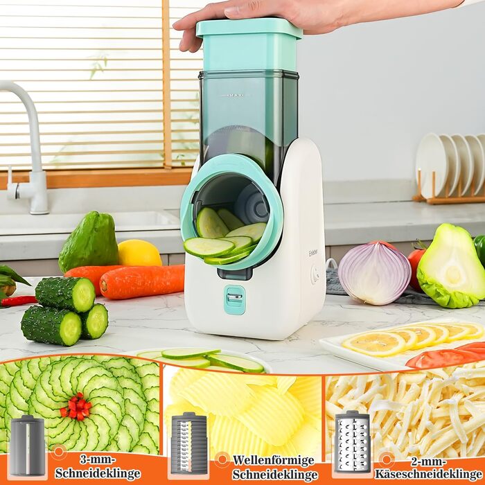Електричний набір для нарізки овочів та фруктів 6-в-1: терка, шинковка, нарізка для овочів, фруктів, сиру та горіхів. Білий та зелений колір