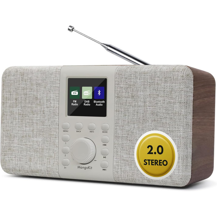 MD5 Стерео Радіо DAB з Bluetooth 5.3 та 2.4' дисплеєм, Портативне цифрове радіо UKW, Стереозвук 2.0, 40 місць пам'яті, Будильник, Повторний будильник та режим сну, USB-C живлення (мережа або батарея) (Волоський горіх)