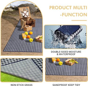 Килимок для пікніка Hozelin, водовідштовхуючий, складний, великий, пісконепроникний, 152.4 x 203.2 см (блакитний/білий)