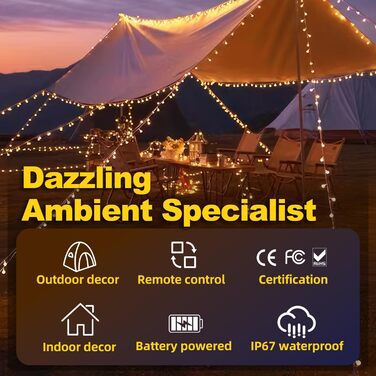 Ланцюжок вогнів RJEDL для декору: 12м, 100 LED, кулі, 8 режимів, IP67, пульт, тепле світло, для дому та саду