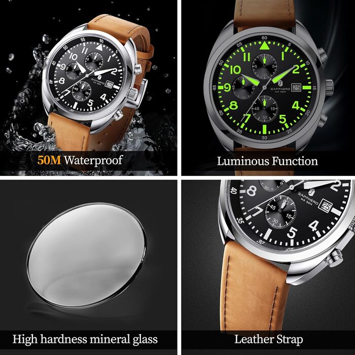 Чоловічий годинник SAPPHERO: кварцовий, аналоговий, з шкіряним ремінцем. Класичний бізнес-годинник, водостійкий (50 м), з арабськими цифрами, хронограф, стильний годинник для повсякденного носіння (срібний, чорно-коричневий ремінець, модель 2215)