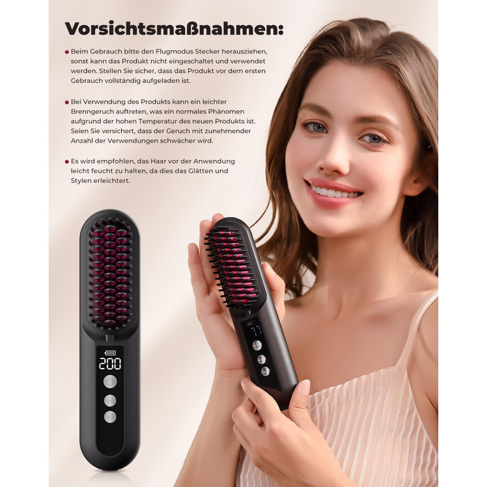 CARER SPARK Бездротова випрямляч для волосся з акумулятором 10000mAh, швидкий нагрів за 30 секунд, 80 хвилин роботи, мільйони негативних іонів, портативна міні-щітка для подорожей, 9 температурних режимів, захист від перегріву, швидке укладання