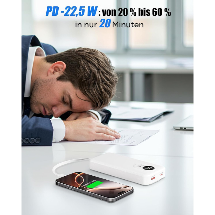 Power Bank 30000mAh з вбудованим кабелем: Швидка зарядка PD 22.5W, зовнішній акумулятор з великою ємністю, 4 виходи та 2 входи