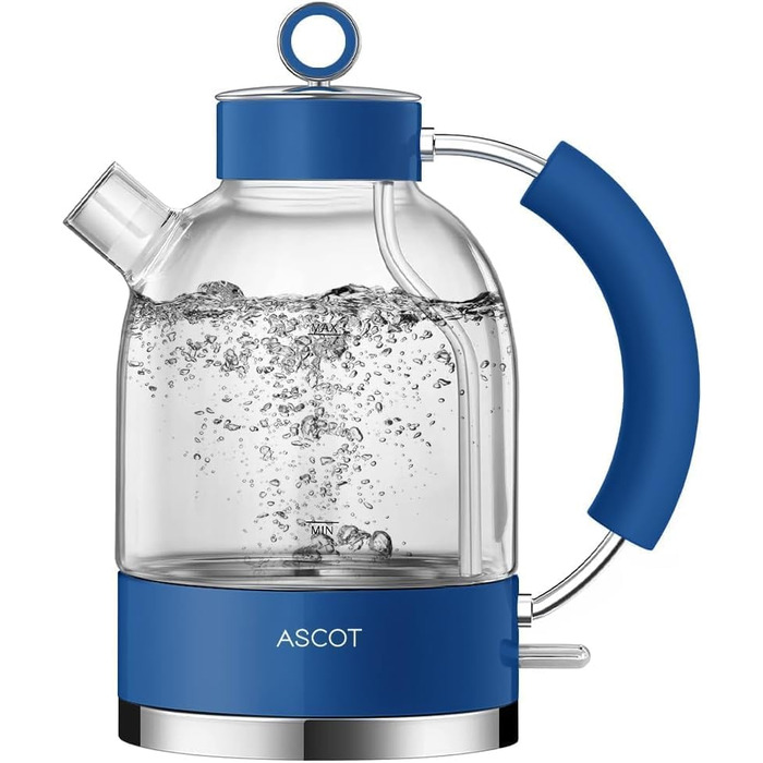 Електричний чайник зі скла ASCOT, 2200W, 1.5L, без BPA, тихий, з функцією автоматичного відключення, білий (класичний блакитний)