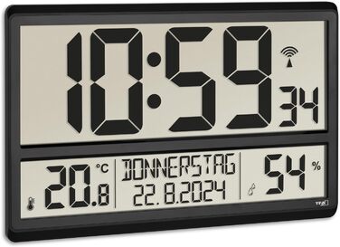 TFA Dostmann XL Wall Clock digital, 60.4520.01, with temperature and humidity, weekday (8 languages), radio-controlled clock, easy to read, large, black