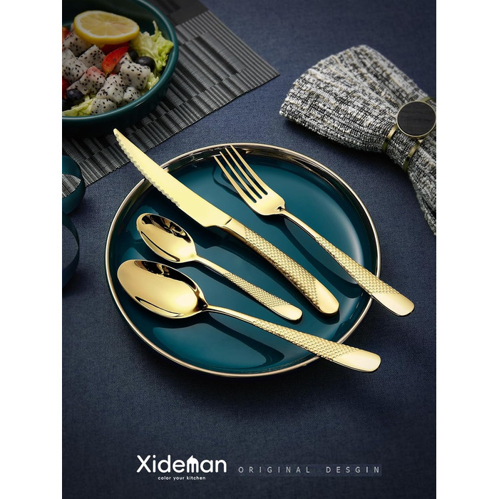 Набір столових приборів на 6 осіб, 24 предмети, нержавіюча сталь 18/10, золотий титан, сучасний дизайн, з двостороннім зазубреним ножем, для посудомийної машини