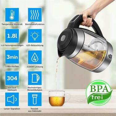 Електричний чайник FOR ME Glas з ситом, 1.8L, регулювання температури 40-100°C, 7 кольорів LED, підтримання тепла, без BPA