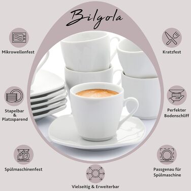 Singer | Espresso Cups Bilgola 12-Piece Set, Porcelain Coffee Cups Set for 6 People, Dishwasher-Safe Cups with Saucers, Moka Cups Set Cups & Saucers White | 100 ml | PREMIUM COLLECTION Espresso Cups 12-Piece Set