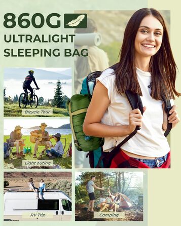 Ohuhu Lightweight Packable Sleeping Bag - Summer Camping Sleeping Bag for Travel, Festivals & Indoor Use (Green)