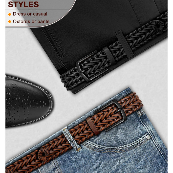 Чоловічі ремені BULLIANT 2 шт. в наборі, плетені шкіряні ремені для гольфу, повсякденного носіння та джинсів, 3,5 см, регульована довжина 120 см (36'-40'), чорний/світло-коричневий, 8115