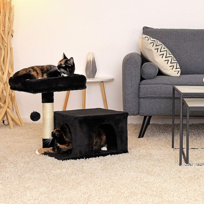 Lionto Scratching Post for Cats with Cozy Lying Area & Cave, Height 50 cm, Cat Tree with Plush Ball including Bell, Sisal Rope & Soft Plush, Suitable for Small & Large Cats, (Black)