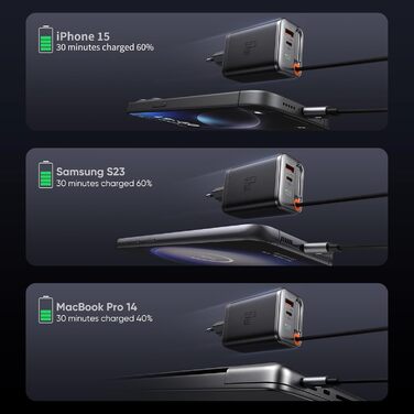 Мсдодо зарядний пристрій USB-C 67W з висувним кабелем, мережевий адаптер, швидка зарядка GaN, 3 порти, LED дисплей, чорний