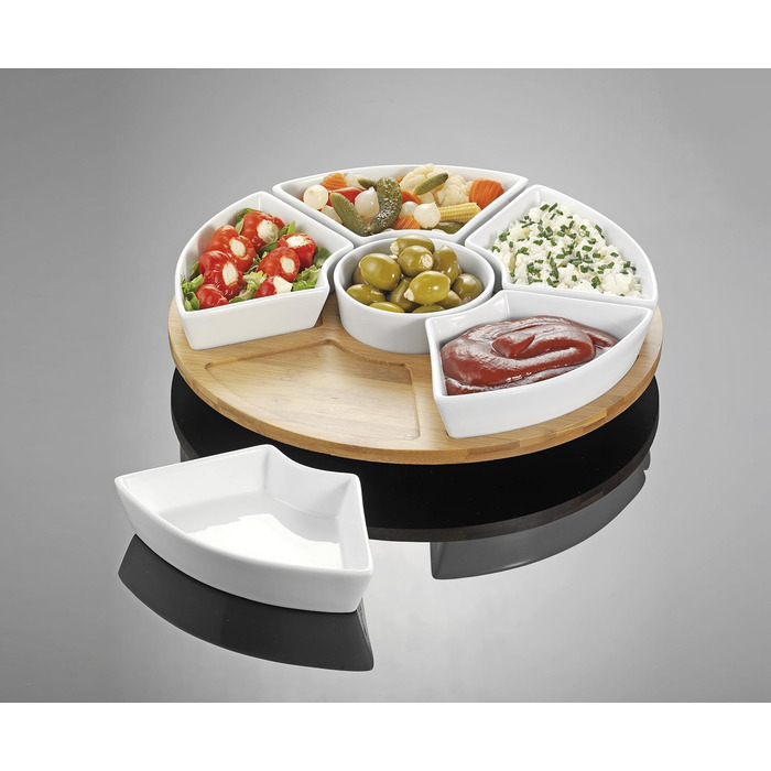 Esmeyer Caterado Rotating Serving Tray SUSAN with 6 white porcelain bowls and a bamboo tray, 34 x 34 x 6.5 cm
