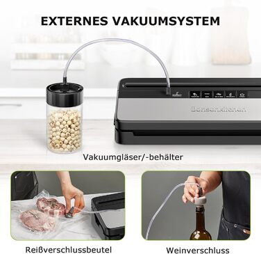 Bonsenkitchen Вакуумний пакувальник: для сухих та вологих продуктів, з вбудованим різаком, 1 рулон плівки, 50 професійних пакетів (Basic Black)