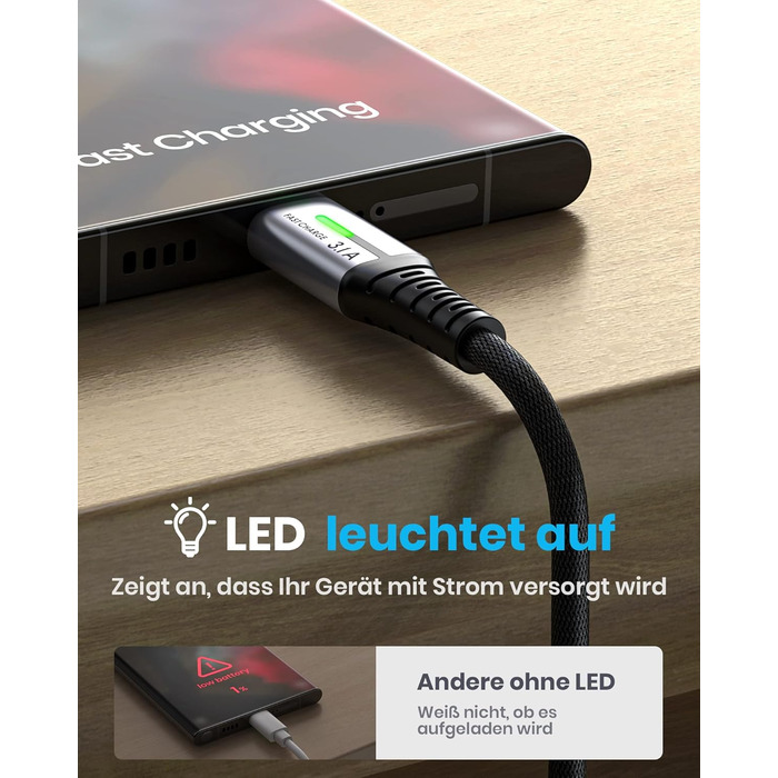 Кабель USB-C 2м з LED-підсвічуванням, швидка зарядка 3.1A, нейлон, чорний - сумісний з iPhone 15, Samsung Galaxy, Google Pixel