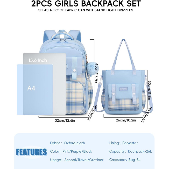 Шкільний рюкзак Tanou для дівчаток-підлітків, великий набір з сумкою через плече, в клітинку, 26L, блакитний