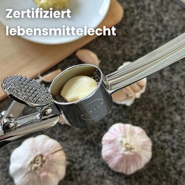 Прес для часнику з нержавіючої сталі - міцний та ергономічний, для зручного подрібнення часнику. Виготовлений з масивного цинкового лиття, підходить для миття в посудомийній машині.