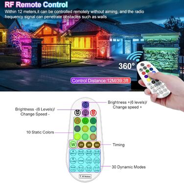 Сонячний RGB прожектор CLV з пультом, IP66, 10 кольорів, 6 рівнів яскравості, 30 режимів, диміруємий LED світильник з таймером і пам’яттю для саду та вечірок
