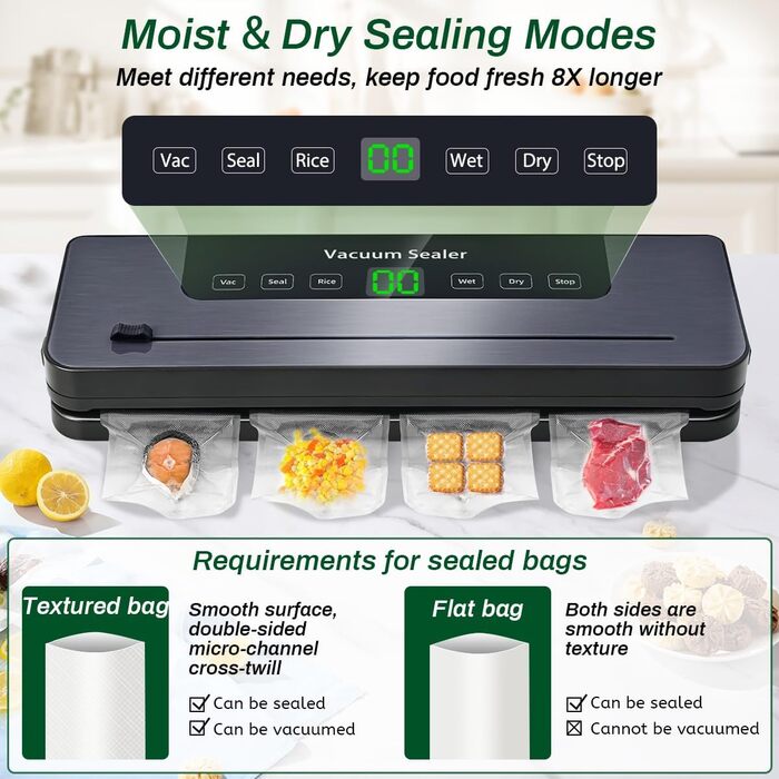 Вакуумний пакувальник 6-в-1 з LED-дисплеєм та 30см зварювальною лінією, 50 шт. пакетів, зовнішній шланг, для сухих та вологих продуктів (сріблястий)