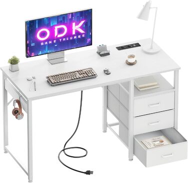Письмовий стіл ODK з 3 тканинними шухлядами, розетками та USB, реверсивний комп'ютерний стіл для домашнього офісу, білий, 120x48x75,5 см