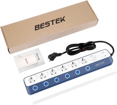Мережевий фільтр BESTEK з 6 розетками, 4 USB, захистом від перенапруги 900 Дж, вимикач, синій та білий
