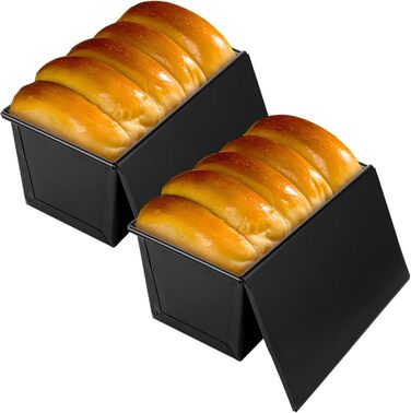 VIDETOL 2 Pack Loaf Pans with Lid, 450g Toast Bread Mold Non-Stick, Black Bread Box for Toast and Bread