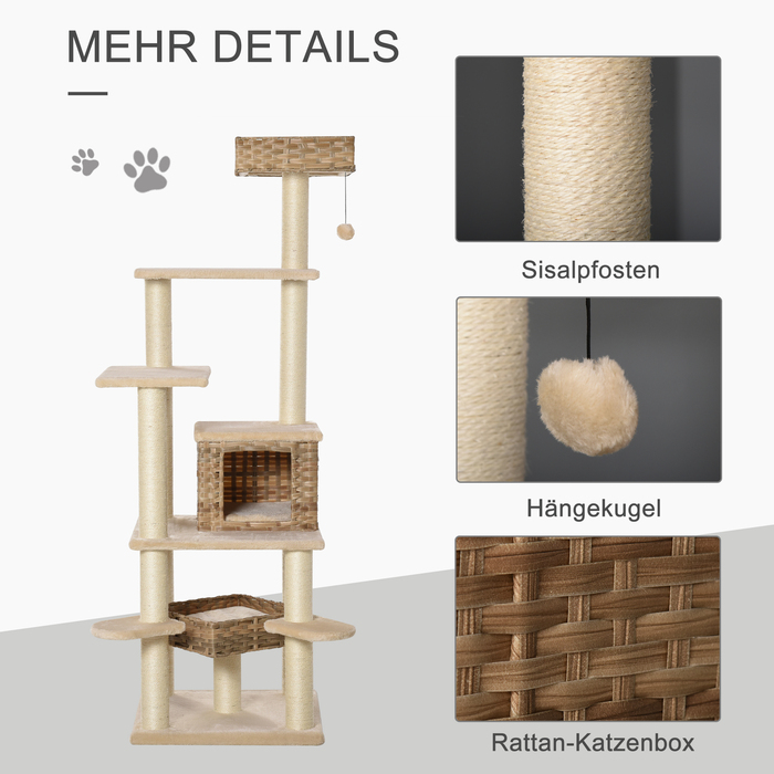 PawHut Дряпка для котів з ротангу, H174 см, XXL котячий комплекс з котячим будиночком, платформами для сидіння, котячою печерею, сизаль, Бежевий+Коричневий | Aosom