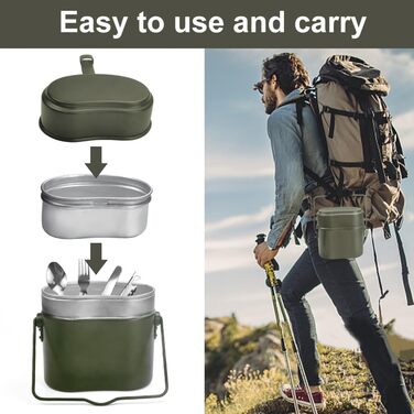 Набір посуду Bundeswehr: термостійкий, для кемпінгу, приготування їжі на відкритому повітрі, з алюмінію, для виживання, армійського користування. Включає столові прибори з відкидним ручками.