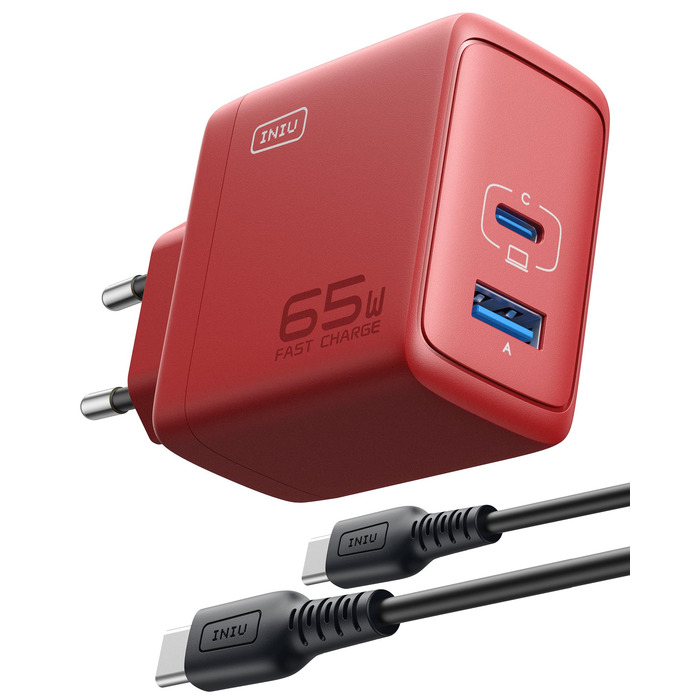 Зарядний пристрій INIU 65W USB-C + USB-A GaN, мережевий адаптер для MacBook, iPad, iPhone, Samsung Galaxy, Pixel - червоний