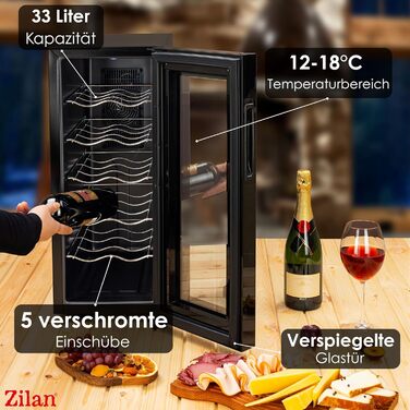 Виставковий винний холодильник Zilan на 12 пляшок, 33 літри, LED, тихий, міні-винний кліматичний шкаф з дверцятами зі скла