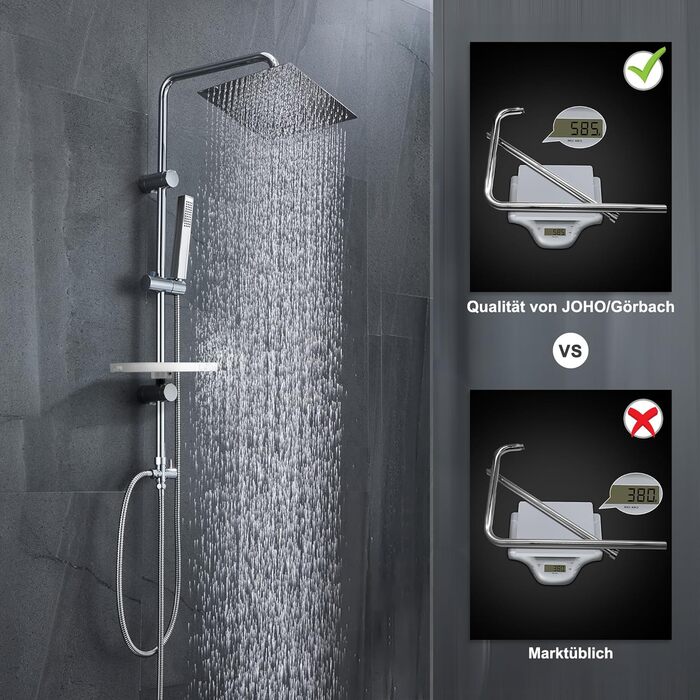 Görbach Rain Shower System with Shelf, Shower Set without Shower Faucet, Chrome (20x20cm)