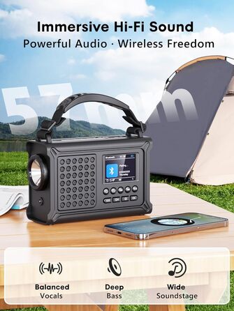 ROCAM Радіоприймач на ручку DAB+/UKW, портативне аварійне радіо з сонячною панеллю 8500 мм² та ручкою 650 мА, цифрове радіо з Bluetooth, 2.4' кольоровий дисплей, 80 станцій, SOS, LED ліхтарик, USB, IPX6 для кемпінгу, чорний