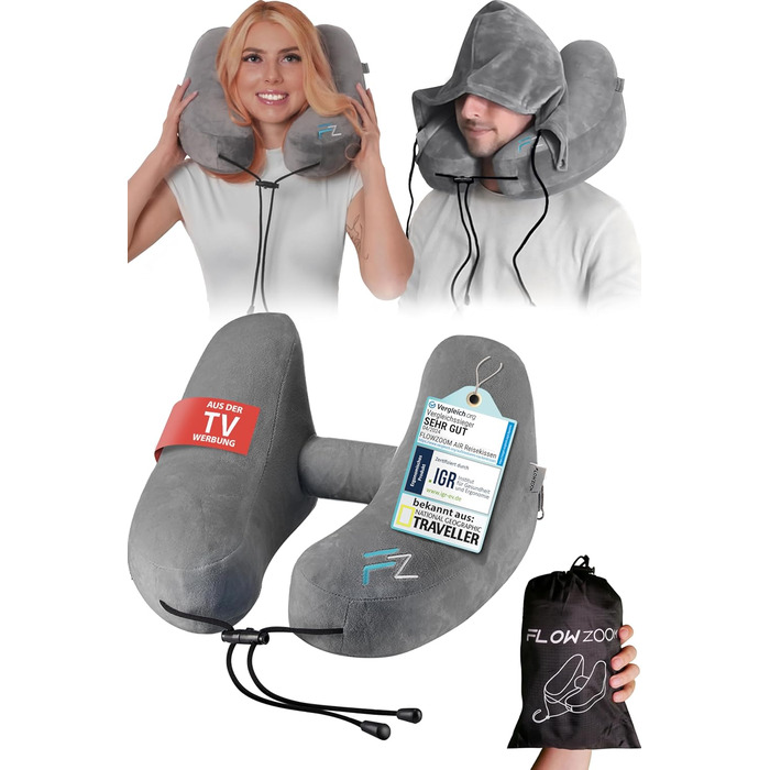 FLOWZOOM AIR Neck Pillow Inflatable with Hood - Neck Pillow Airplane - Travel Pillow - Quickly Inflatable Neck Pillow Travel - Airplane Pillow - Travel Pillow - Neck Support Adult (gray)
