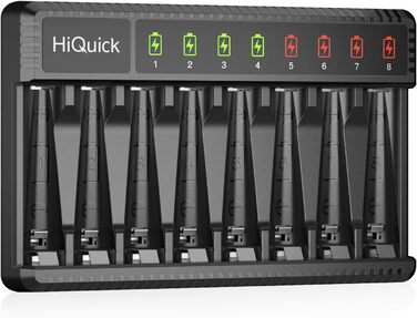 Зарядний пристрій HiQuick для акумуляторів AA AAA, 8 слотів з LED-дисплеєм, сумісний з NI-MH та NI-CD акумуляторами (без акумуляторів)