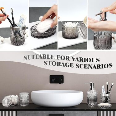 Набір аксесуарів для ванної кімнати Hebaogugu 5 шт., сірий колір, з дозатором мила, мильницею, стаканчиком для зубних щіток, тримачем для зубних щіток та контейнером для ватних паличок.